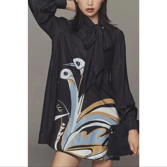 Maeve Black Swing Dress with Blue and Tan Swirl Hem - Picture 2 of 4